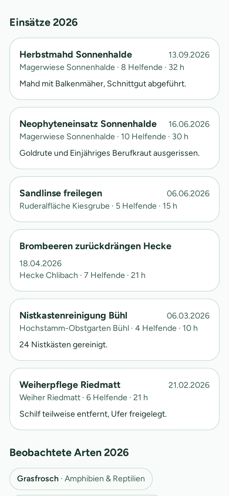 NatureImpact list of 2026 work days such as mowing, neophyte removal and nest box cleaning