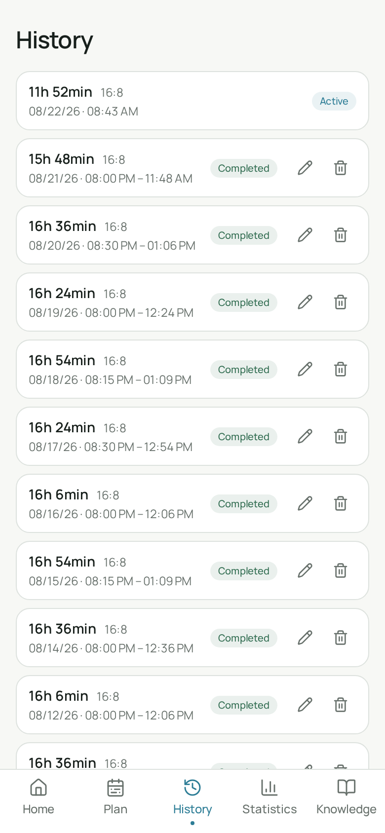FastyMe history screen listing completed fasts with durations and dates