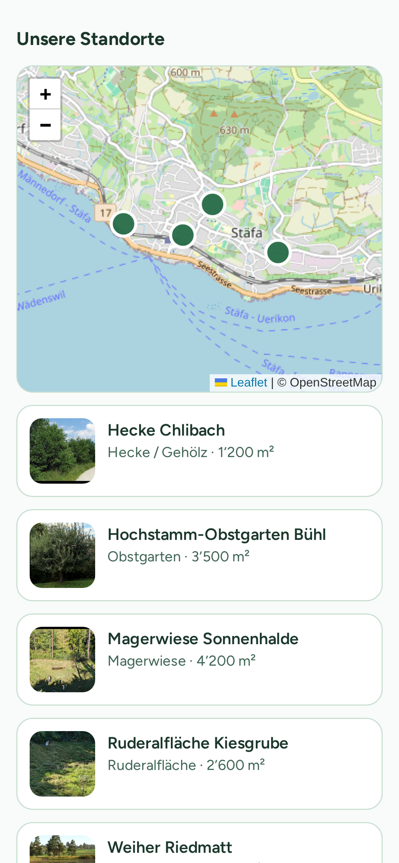 NatureImpact map of sites around Stäfa with a list of hedges, orchards and meadows
